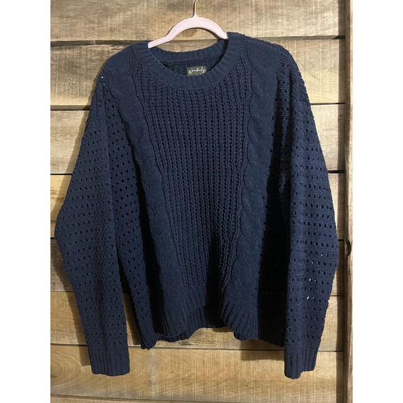 Wonderly Navy Blue Cable Knit Open Weave Sweater Women's Size L - Picture 2 of 5